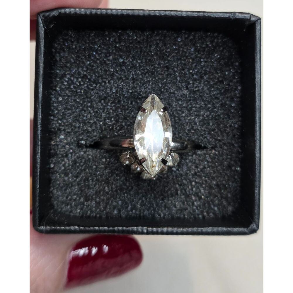 Marquise Cut Solitaire Silver Tone Ring Adjustable‎ 6.5
